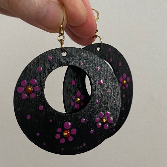 Black and Pink Floral Hoop Earrings - Picture 1 of 3
